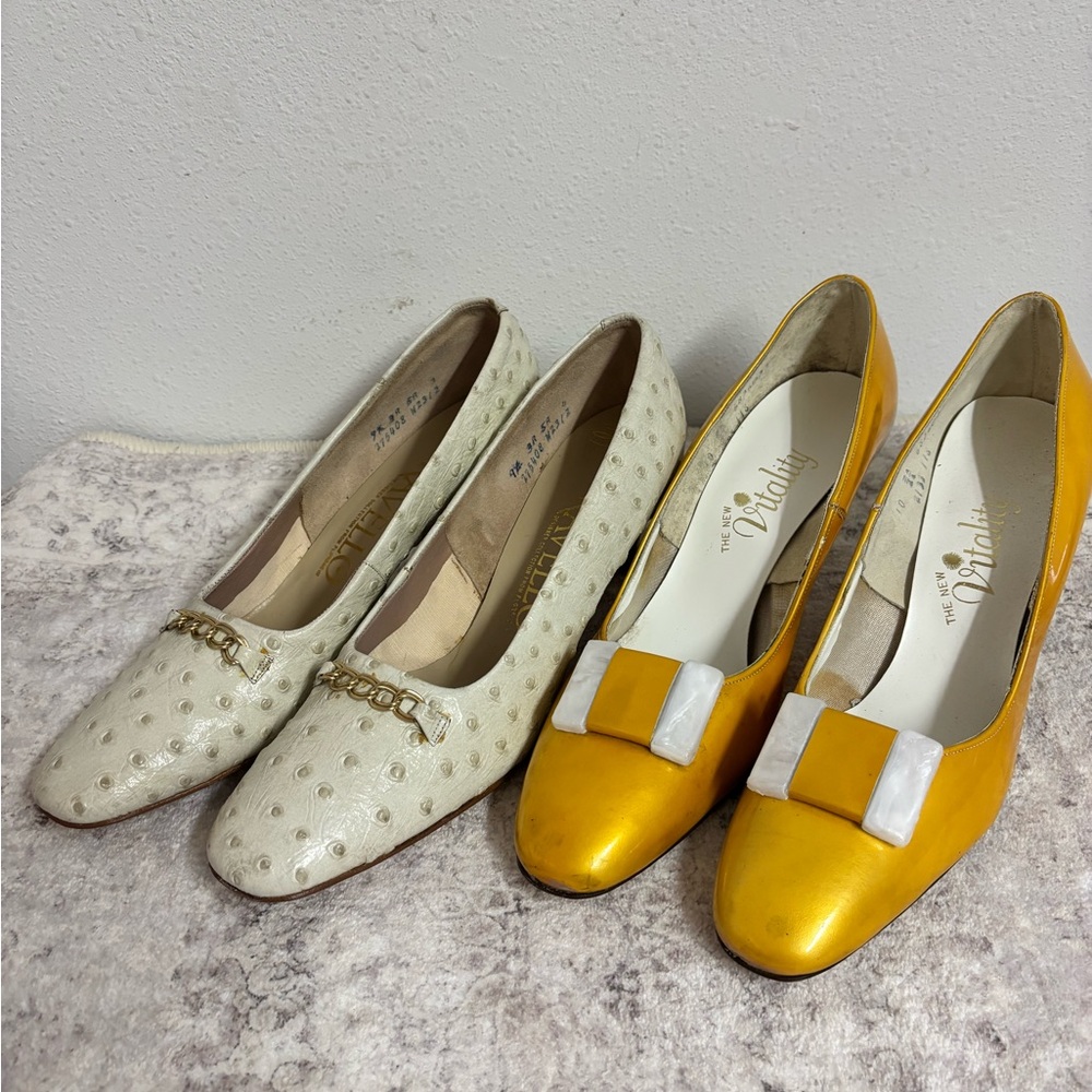 1970’s Chic Ostrich Heels and Yellow Patent Heels